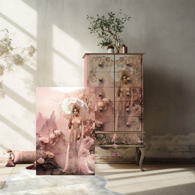 Lady in Pink with a Parasol & Floral Tissue Paper (Beautiful Lady holding a parasol, rose pink and beige, ethereal floral, and lace portrait art.)
