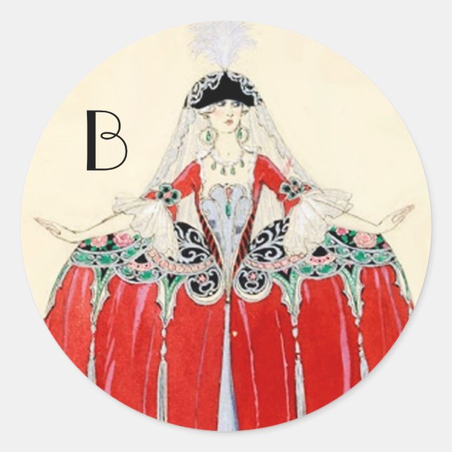 LADY IN RED,BEAUTY FASHION COSTUME DESIGN MONOGRAM CLASSIC ROUND STICKER (Front)