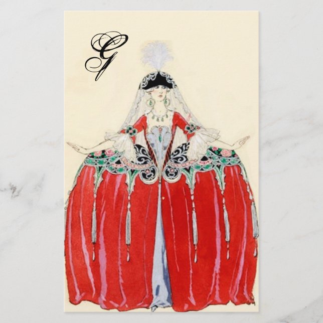 LADY IN RED FASHION COSTUME DESIGNER MONOGRAM STATIONERY (Front)
