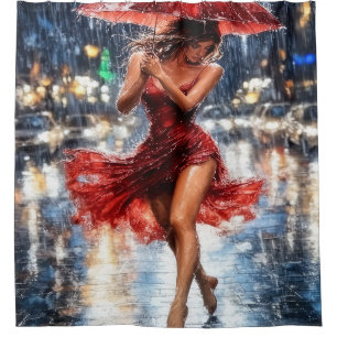 Lady in Red on a Rainy Night Shower Curtain