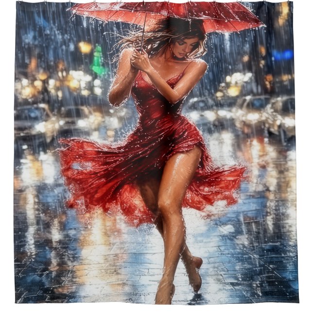 Lady in Red on a Rainy Night Shower Curtain (Front)