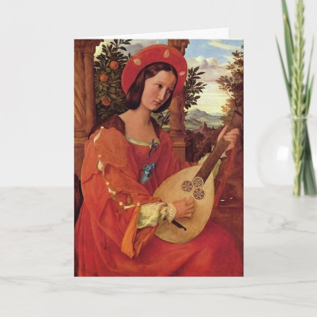 Lady in Red playing a Lute Holiday Card (Front)