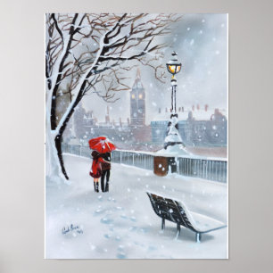 Lady in Red romantic couple snowy London Poster