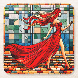 Lady in Red Square Paper Coaster