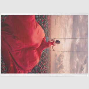 Lady in Red Swinging Over Roses Tissue Paper