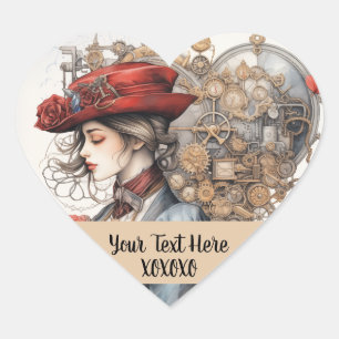 Lady in Red Valentine Kiss steampunk watercolor Heart Sticker
