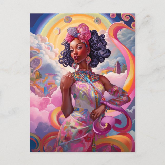 Lady In Surreal World African American Art Pink Postcard (Front)