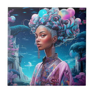 Lady In Surreal World African American Art Purple Ceramic Tile