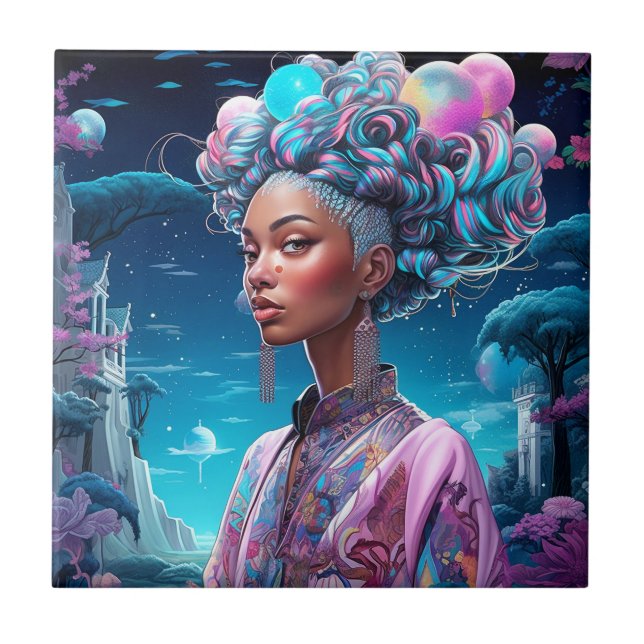Lady In Surreal World African American Art Purple Ceramic Tile (Front)