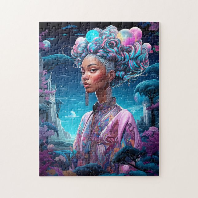Lady In Surreal World African American Art Purple Jigsaw Puzzle (Vertical)