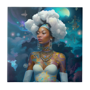Lady In Surreal World Cosmic African American Art Ceramic Tile
