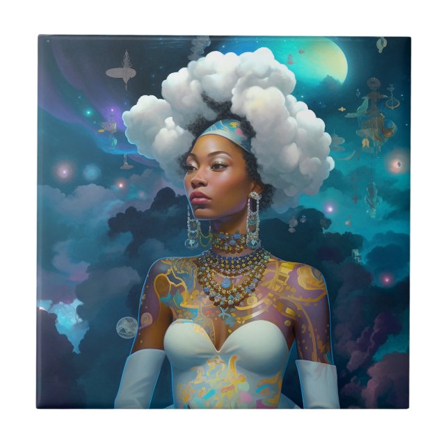 Lady In Surreal World Cosmic African American Art Ceramic Tile (Front)