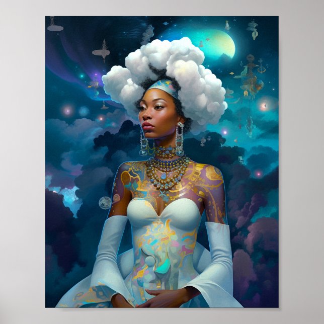 Lady In Surreal World Cosmic African American Art Poster (Front)