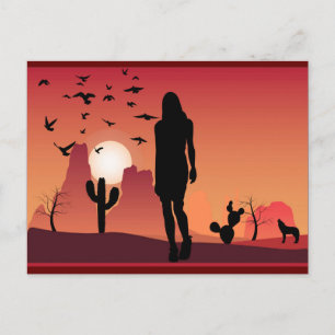 Lady In The desert Landscape Animals silhouette Postcard