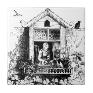 Lady in Window, Birds and Grapevine Tile