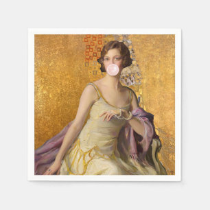 Lady in yellow blowing bubble gum napkin