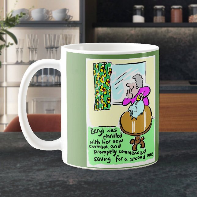 Lady is pleased with her new curtain coffee mug (Creator Uploaded)