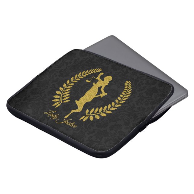 Lady Justice gold on black Laptop Sleeve (Front Top)