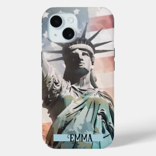 Lady Liberty and the American Flag Custom Name iPhone 15 Case