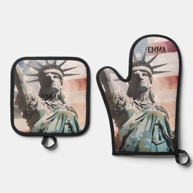 Lady Liberty and the American Flag Custom Name Oven Mitt & Pot Holder Set (Front)