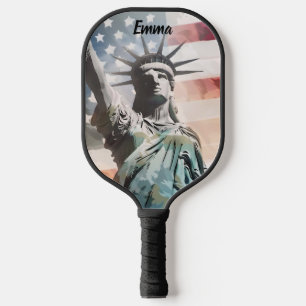 Lady Liberty and the American Flag Custom Name Pickleball Paddle