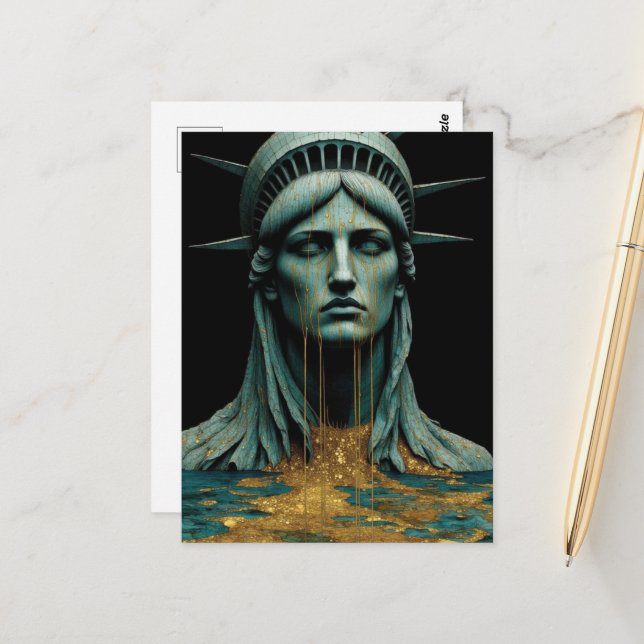 Lady Liberty Cries Tears of Gold as She Melts Away Postcard (Front/Back In Situ)
