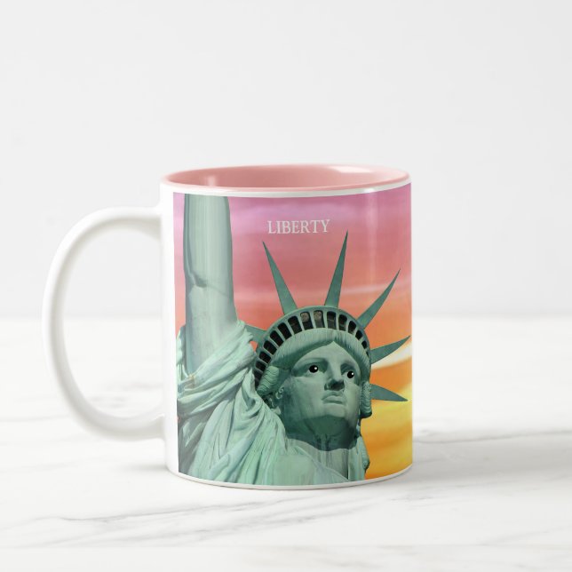 Lady Liberty on Pink Sky Two-Tone Coffee Mug (Left)