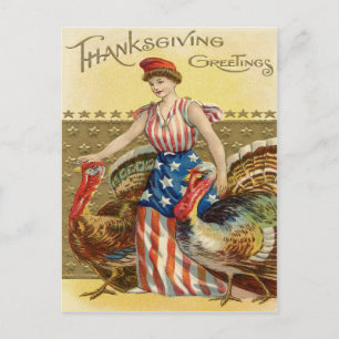 Lady Liberty Turkeys US Flag Patriotic Postcard