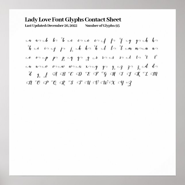 Lady Love Font Glyphs Contact Sheet Poster (Front)