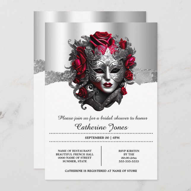 Lady masquerade venetian face mask silver red chic invitation (Front/Back)