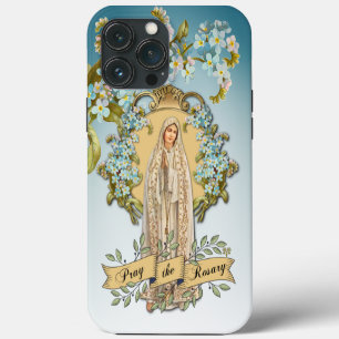 Lady of Fatima Virgin Mary Blue Floral Religious iPhone 13 Pro Max Case