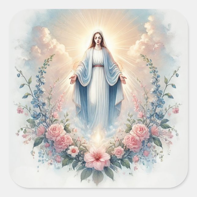 Lady of Grace Floral Mother Mary Religious Square Sticker (Front)