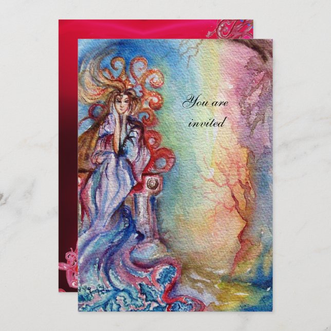 LADY OF LAKE , vibrant  blue pink gem burgundy Invitation (Front/Back)