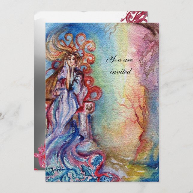 LADY OF LAKE , vibrant bright blue pink gem moon Invitation (Front/Back)