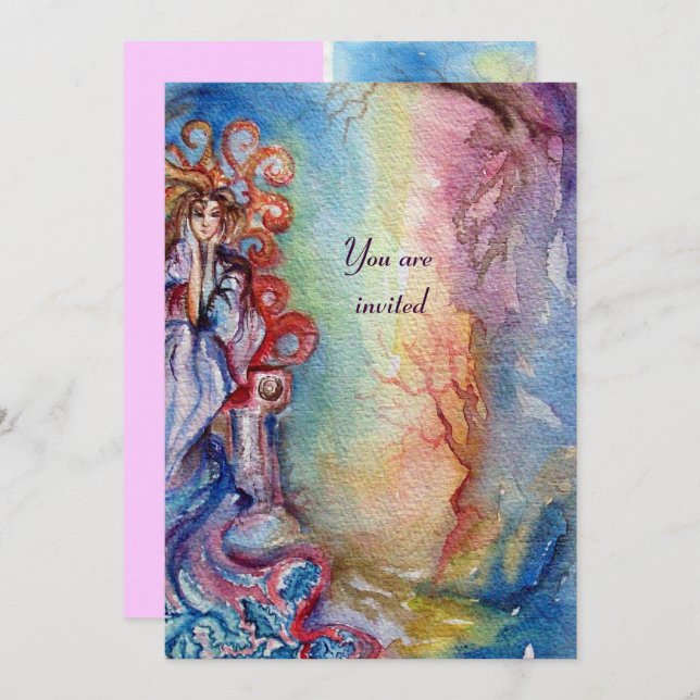 LADY OF LAKE , vibrant bright blue pink Invitation (Front/Back)