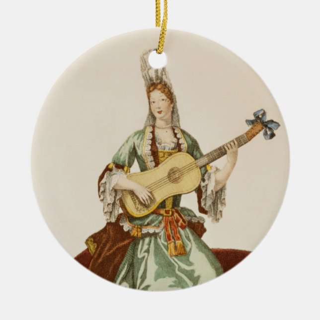 Lady of Quality Playing the Guitar, fashion plate, Ceramic Ornament (Front)