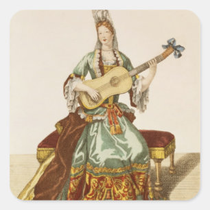Lady of Quality Playing the Guitar, fashion plate, Square Sticker