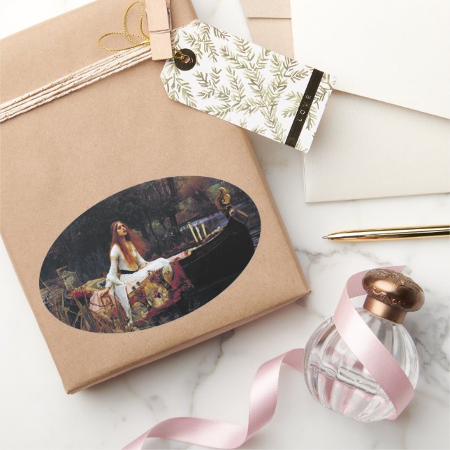 Lady Of Shallot on Boat JW Waterhouse Fine Art Oval Sticker (Gifting)