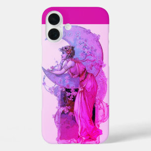 LADY OF THE MOON WITH FLOWERS IN PINK FUCHSIA iPhone 16 PLUS CASE