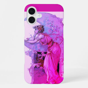 LADY OF THE MOON WITH FLOWERS IN PINK FUCHSIA iPhone CASE