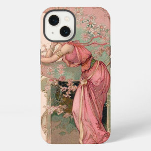 LADY OF THE MOON WITH FLOWERS IN PINK iPhone CASE