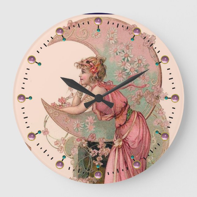 LADY OF THE MOON WITH FLOWERS IN PINK LARGE CLOCK (Front)