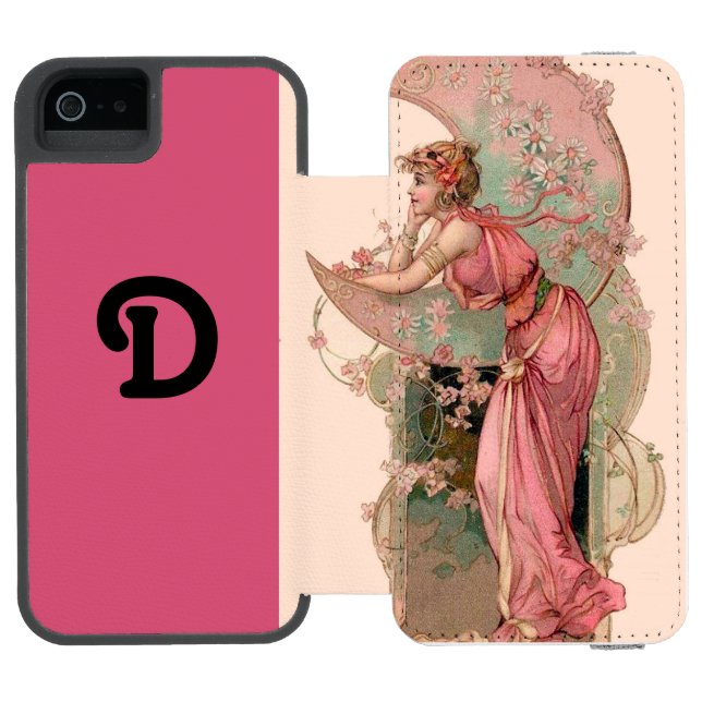 LADY OF THE MOON WITH FLOWERS IN PINK MONOGRAM INCIPIO iPhone WALLET CASE (Folio Open)