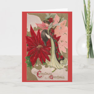 Lady of the Poinsettias Vintage Christmas Holiday Card