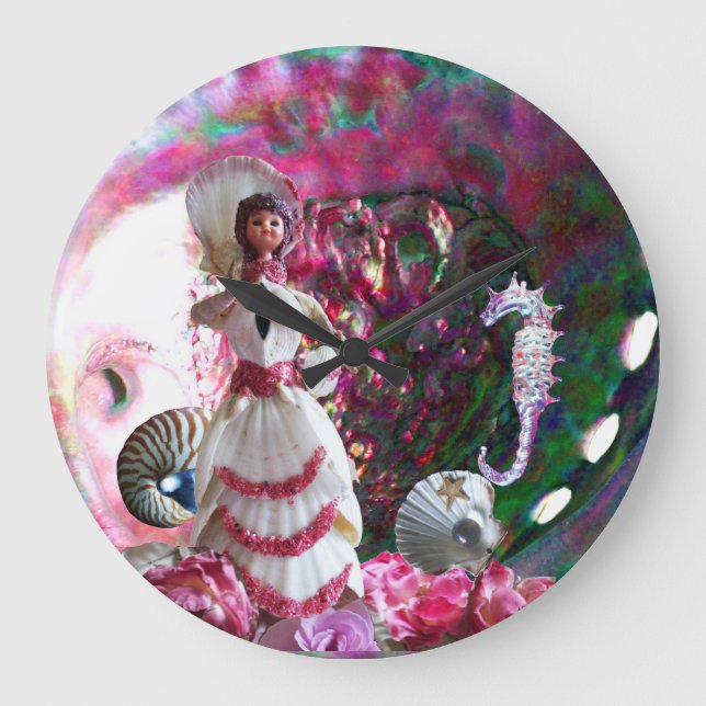 LADY OF THE SEASHELLS,MOTHER OF PEARL ,SEAHORSE LARGE CLOCK (Front)