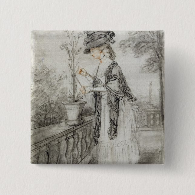 Lady on a Terrace Tending a Carnation Plant (black 15 Cm Square Badge (Front)