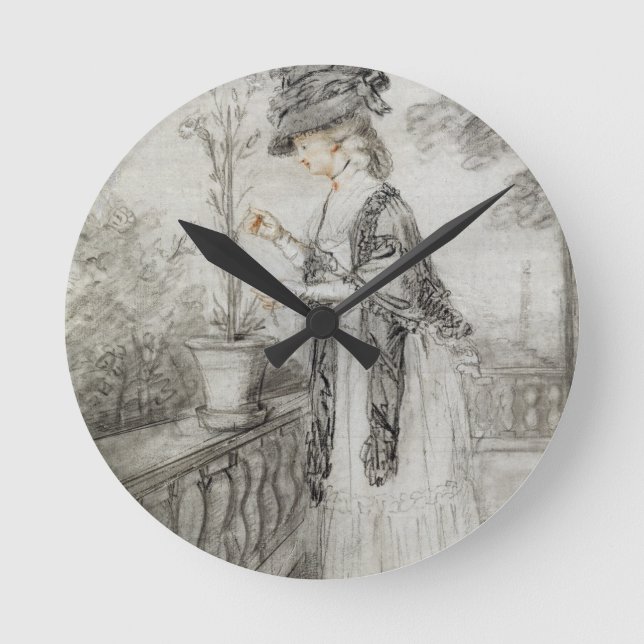 Lady on a Terrace Tending a Carnation Plant (black Round Clock (Front)