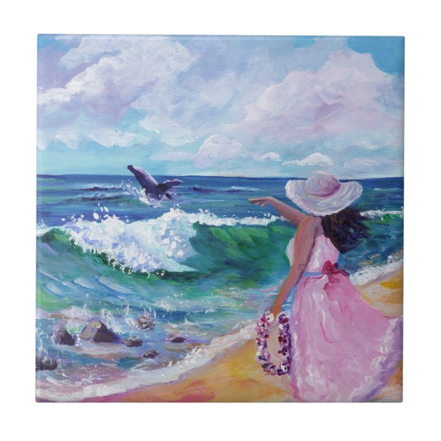 Lady on Beach with Humpback Whale Ceramic Tile (Front)