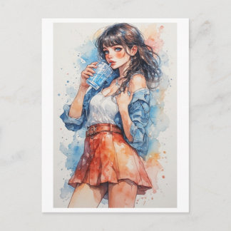 Lady on Skirt Drinking Water on a  Holiday Postcard
