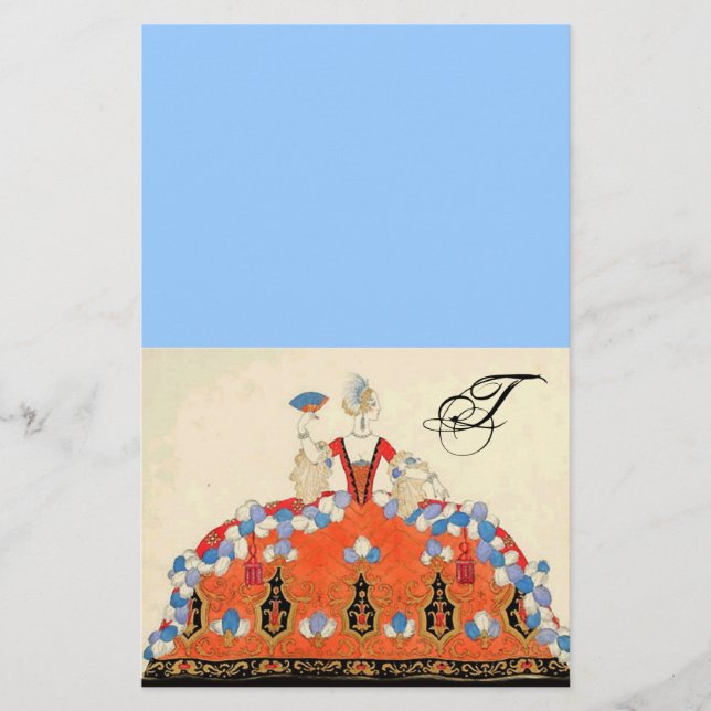 LADY ORANGE FASHION COSTUME DESIGNER MONOGRAM Blue Stationery (Front)